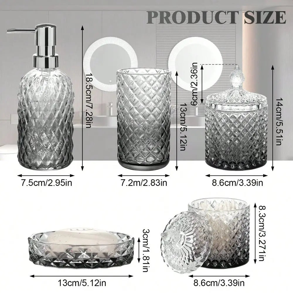 Bathroom Accessory Set 5 Piece Glass Soap Dispenser Dish Toothbrush Holder
