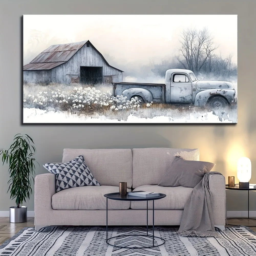 1.5 inch thick pine solid wood frame, canvas prints on antique country pickup trucks, blue trucks and white floral art prints