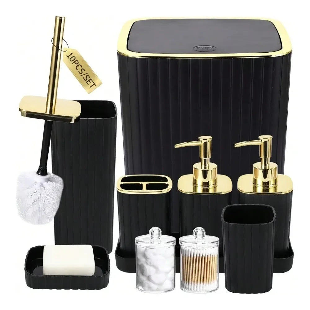 Plastic 10 Piece Bathroom Accessory Set With Toilet Brush Dispenser