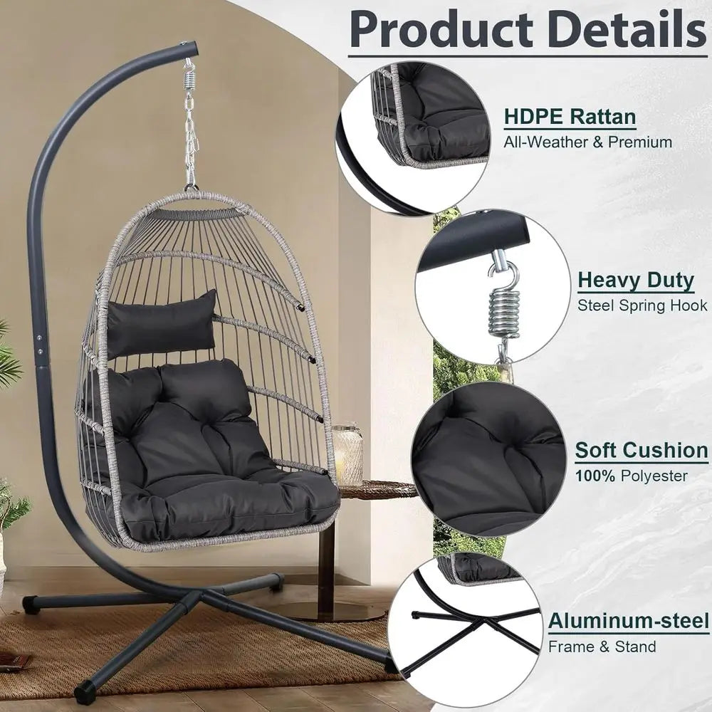 Outdoor Egg Hanging Chair with Stand, Patio Wicker Swing Egg Chair Indoor Outdoor Hammock Chair, 350 lbs acity, Black Gray
