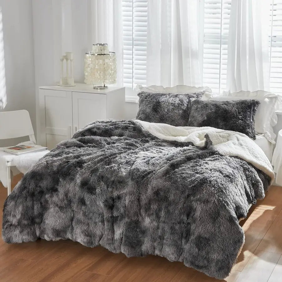Faux Fur Shaggy Comforter Set Plush Sherpa Reversible Bedding
