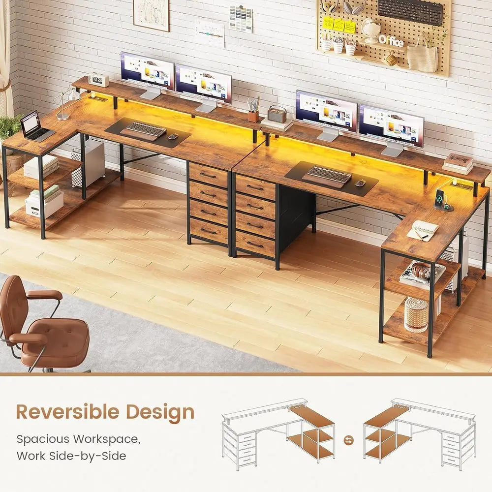 L Shaped Desk with Drawers, Shelves, LED Lights and Outlets