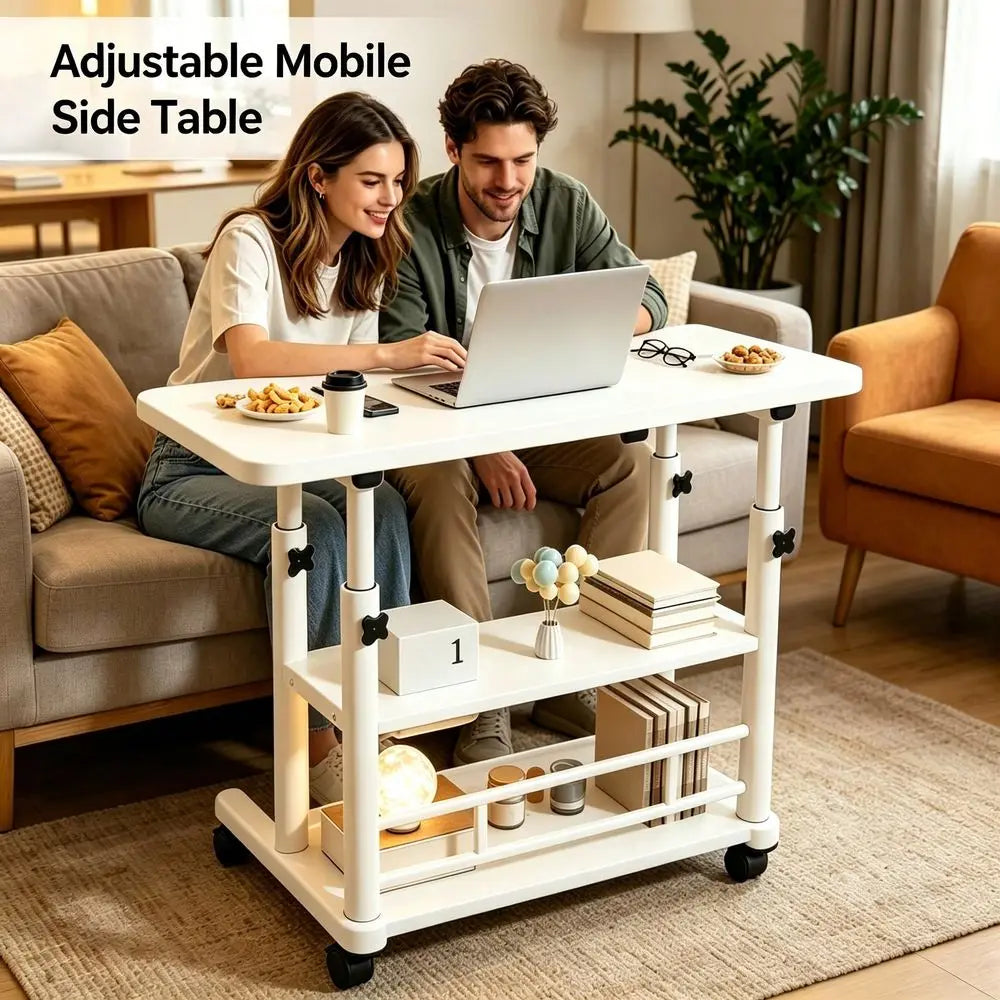24/32"Multifunctional Adjustable Height Mobile Side Table, Multi-Layer Storage Office Computer Desk With Thickened Metal Frame