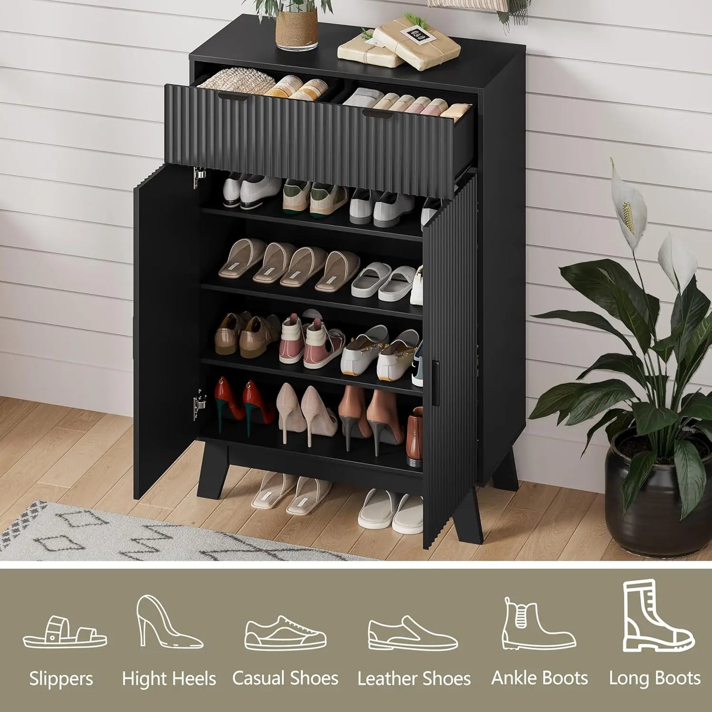 Shoe Cabinet Storage for Entryway with Doors, 4 Tier Fluted Shoe Organizer with 2 Drawers, Entryway Shoe Storage with, Custom