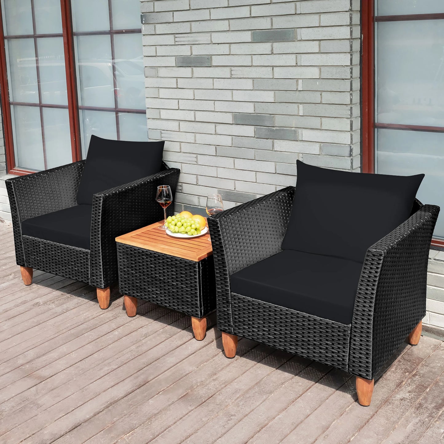 3PCS Outdoor Patio Rattan Furniture Set Wooden Table Top Cushioned Sofa Black