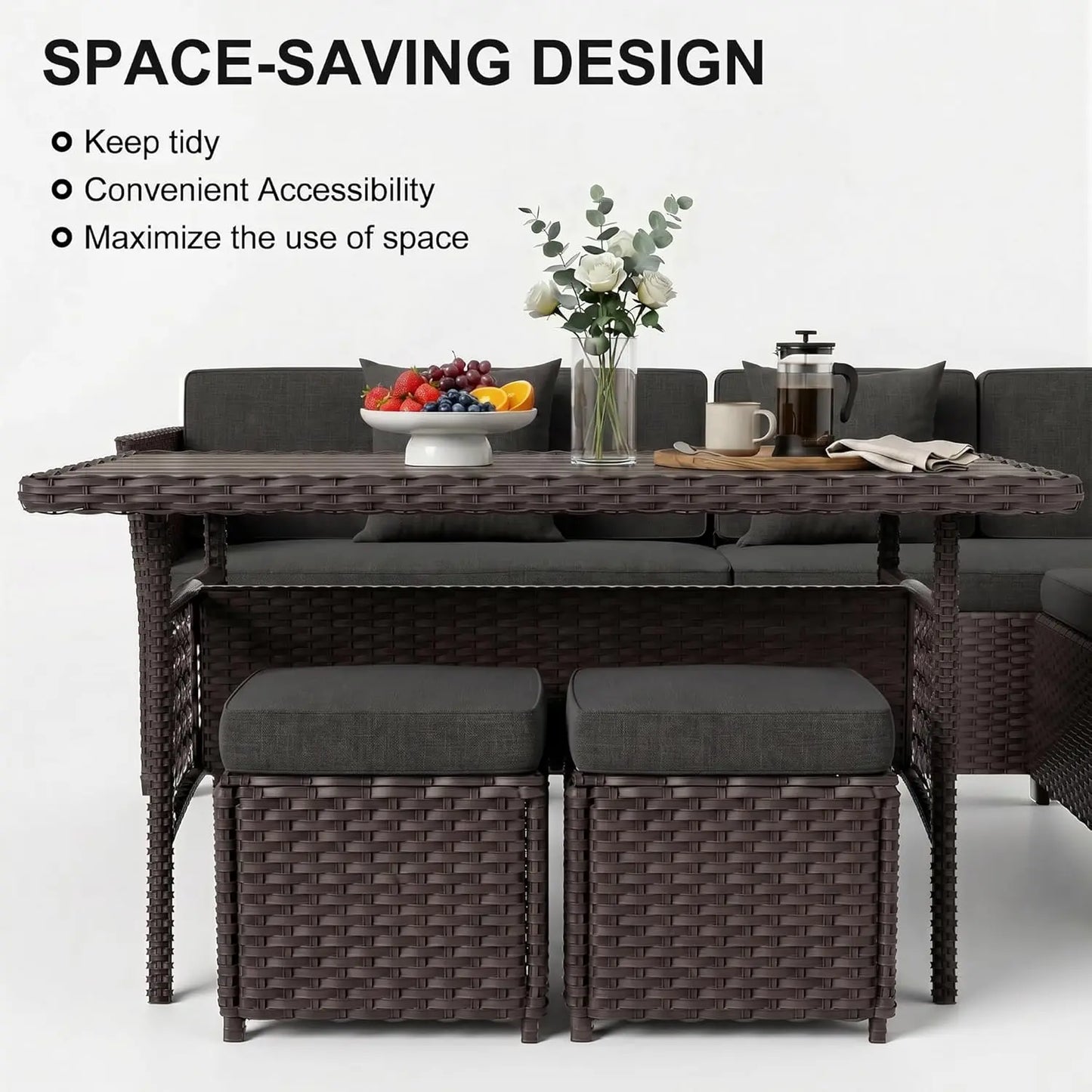 7 Pieces Patio Furniture Set, Outdoor Patio Furniture, Wicker Conversation Set with Dining Table, Chairs and Ottoman, Custom