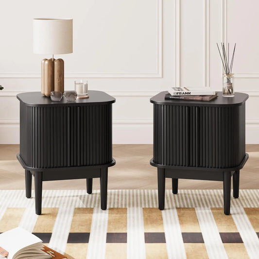 Set Of 2 Fluted Nightstands With Sliding Doors Bedside Table