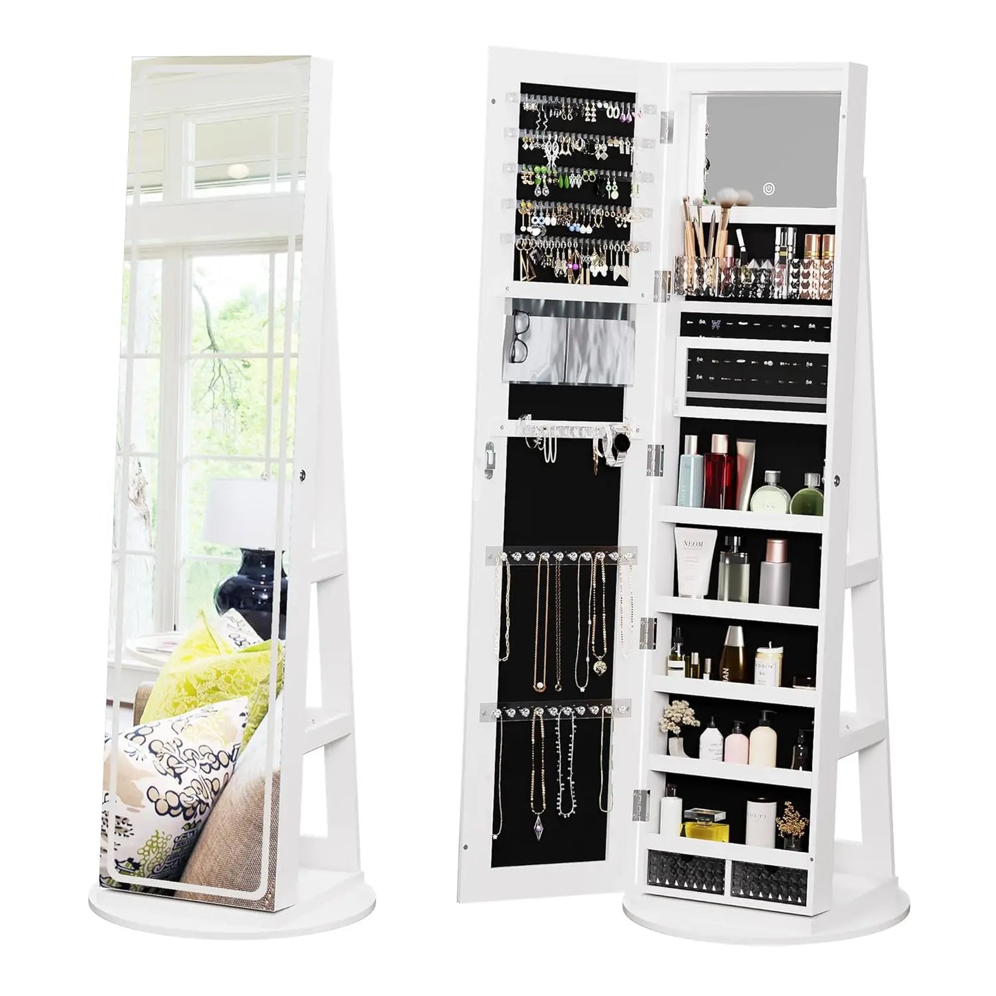 360° Swivel Jewelry Mirror Cabinet, Lockable Standing Jewelry Armoire with Full Length Mirror, Storage Shelves,, Custom