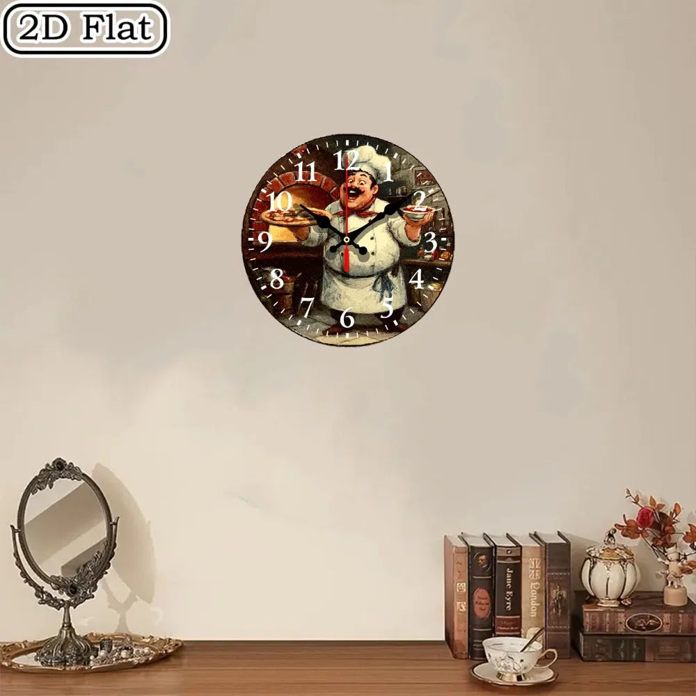 10-Inch Wooden Wall Clock with a Chef Theme, Featuring Easy-To-Read Numbers. It Runs on Batteries (AA Batteries Not Included) An