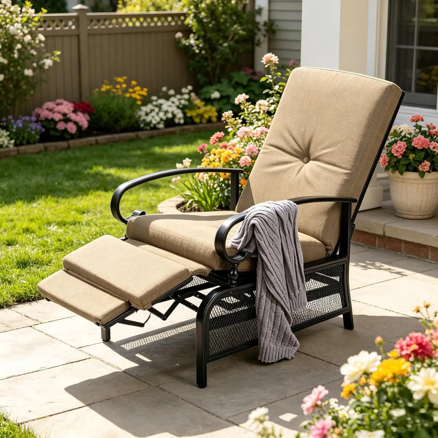 Outdoor Adjustable Recliner Chair for Patio - A Relaxing Outdoor Metal Furniture Chair with Thick Cushion, Brown, Custom