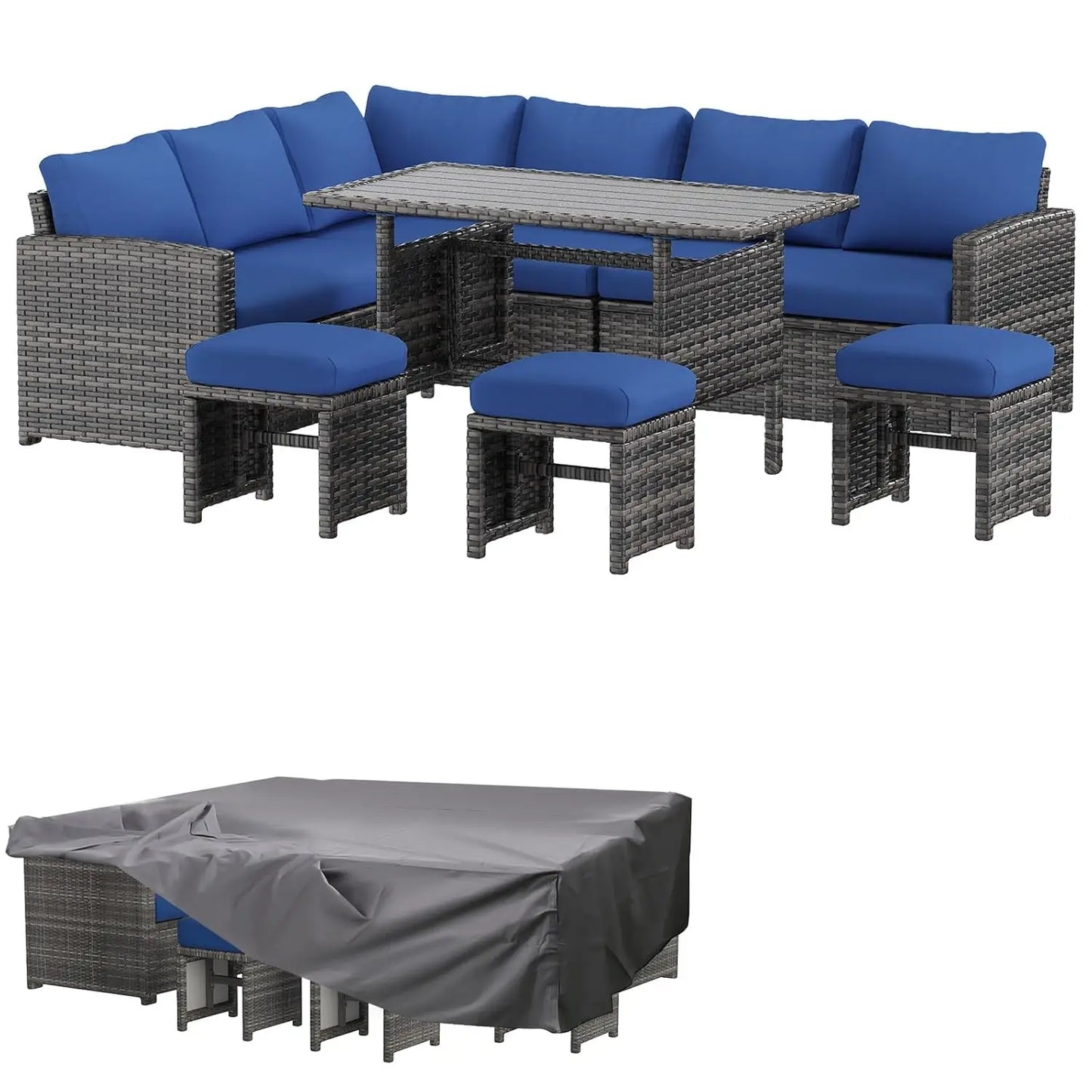Outdoor Patio Furniture Set with Waterproof Cover, 7 Pieces Clearance Sectional Rattan Dining Table&Chairs, All Weather, Custom
