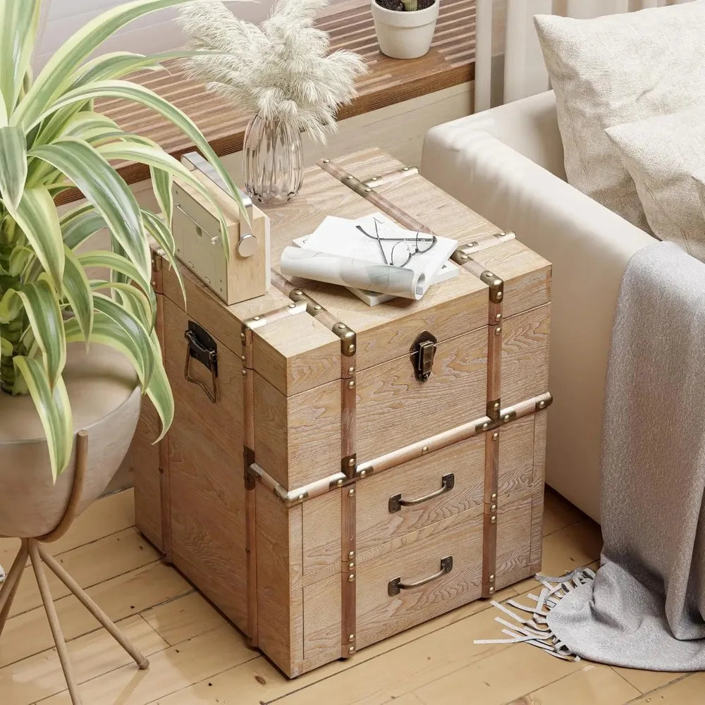 MOYU Vintage Storage Chest Buckle Hinged Top Wood End Table