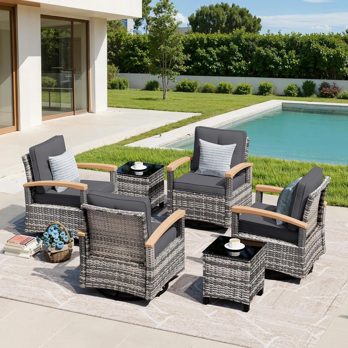 6 Pieces Patio Furniture Sets, Wicker Patio Conversation Sets with 4 Wood Armrests Swivel Glide Chairs，Outdoor, Custom