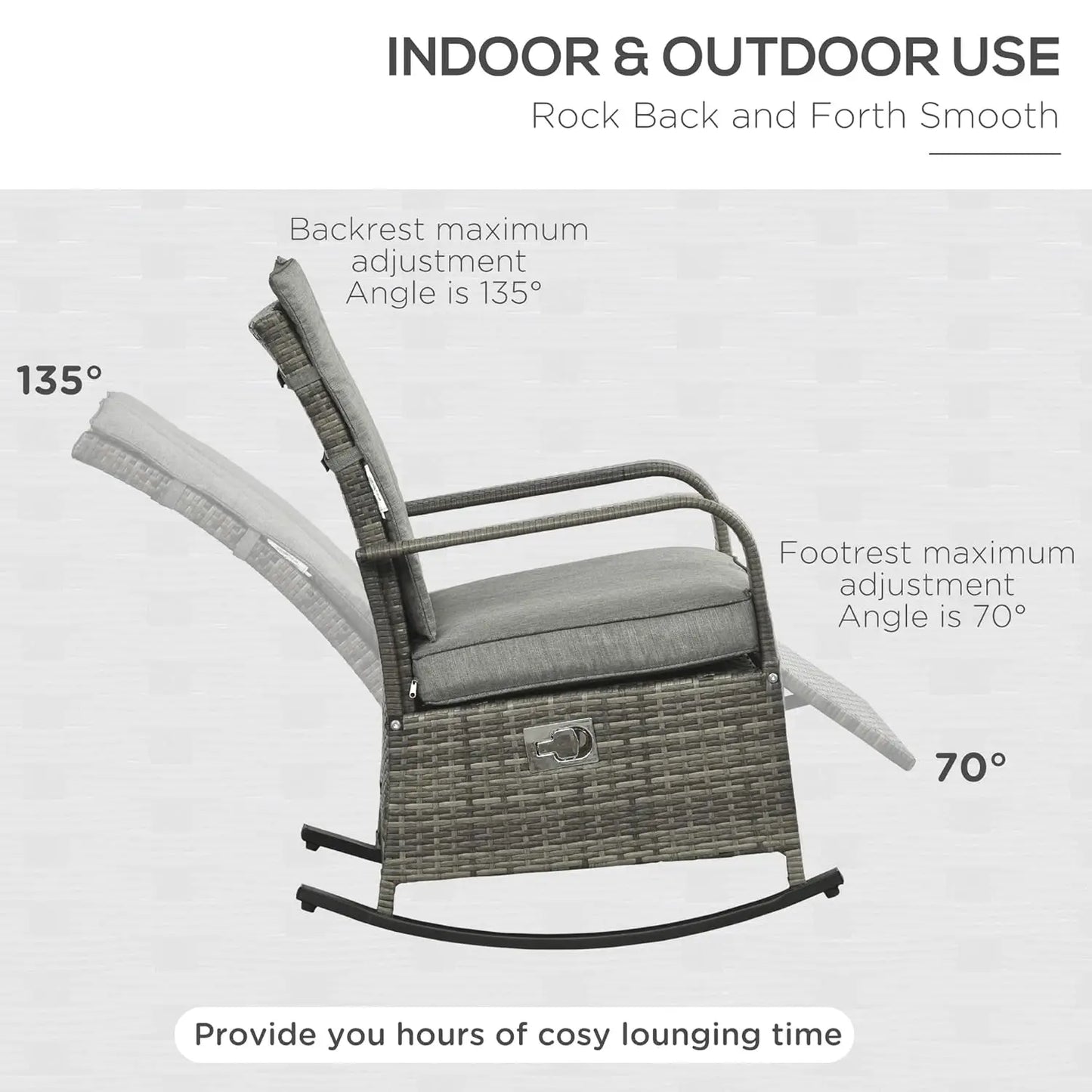 Wicker Outdoor Rocking Chair, Patio Recliner with Adjustment Backrest, PE Rattan Lounge Chair with Adjustable Footrest, Custom