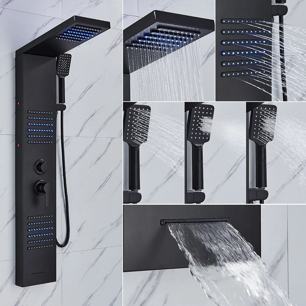 Black/Brushed Bathroom Shower Faucet LED Rainfall Head Shower Panel Set Bathtub Mixer Tap With Hand Sprayer Temperature Screen