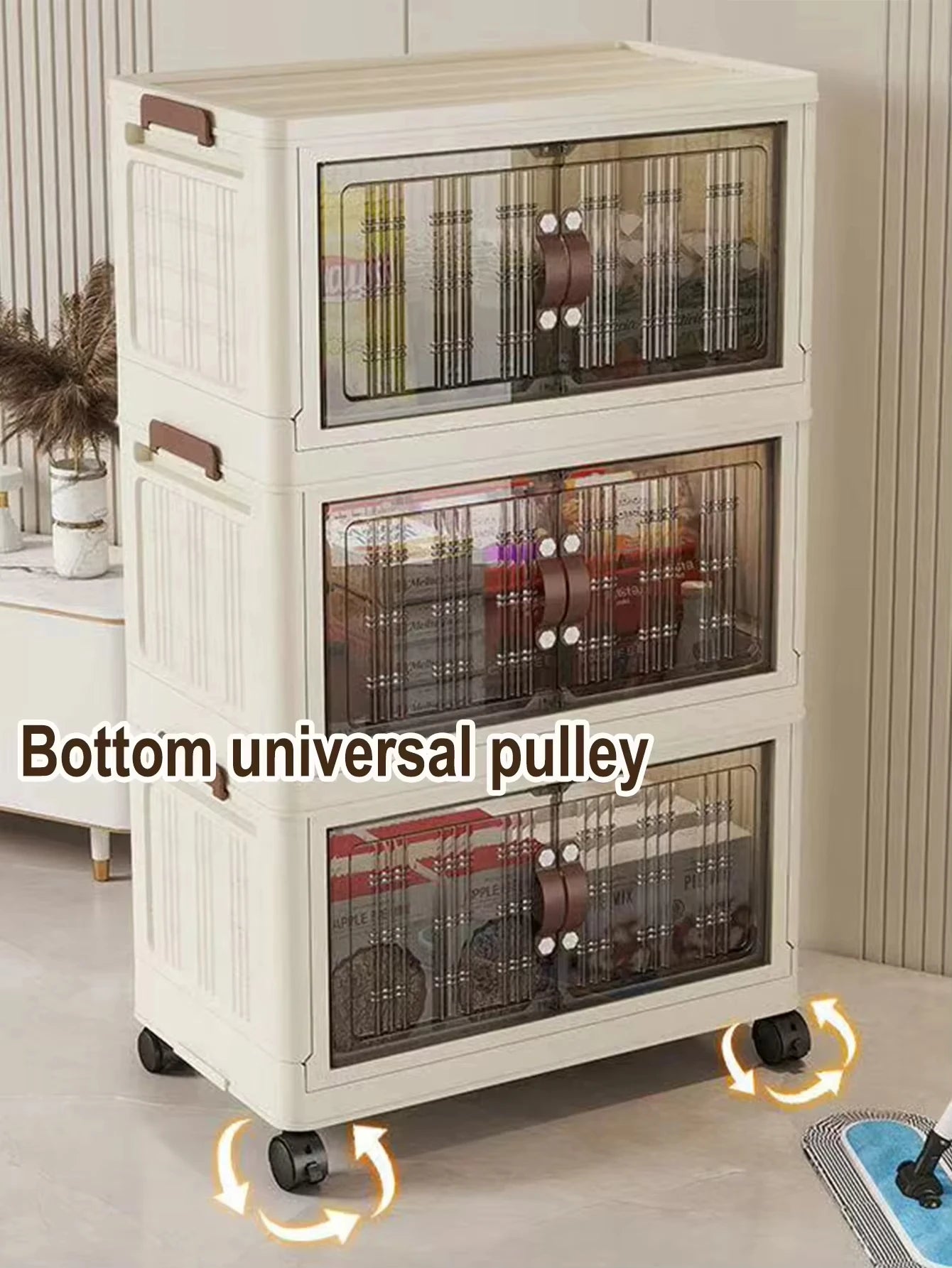 Stackable Plastic Storage Cabinet with Doors and Wheels for Bedroom