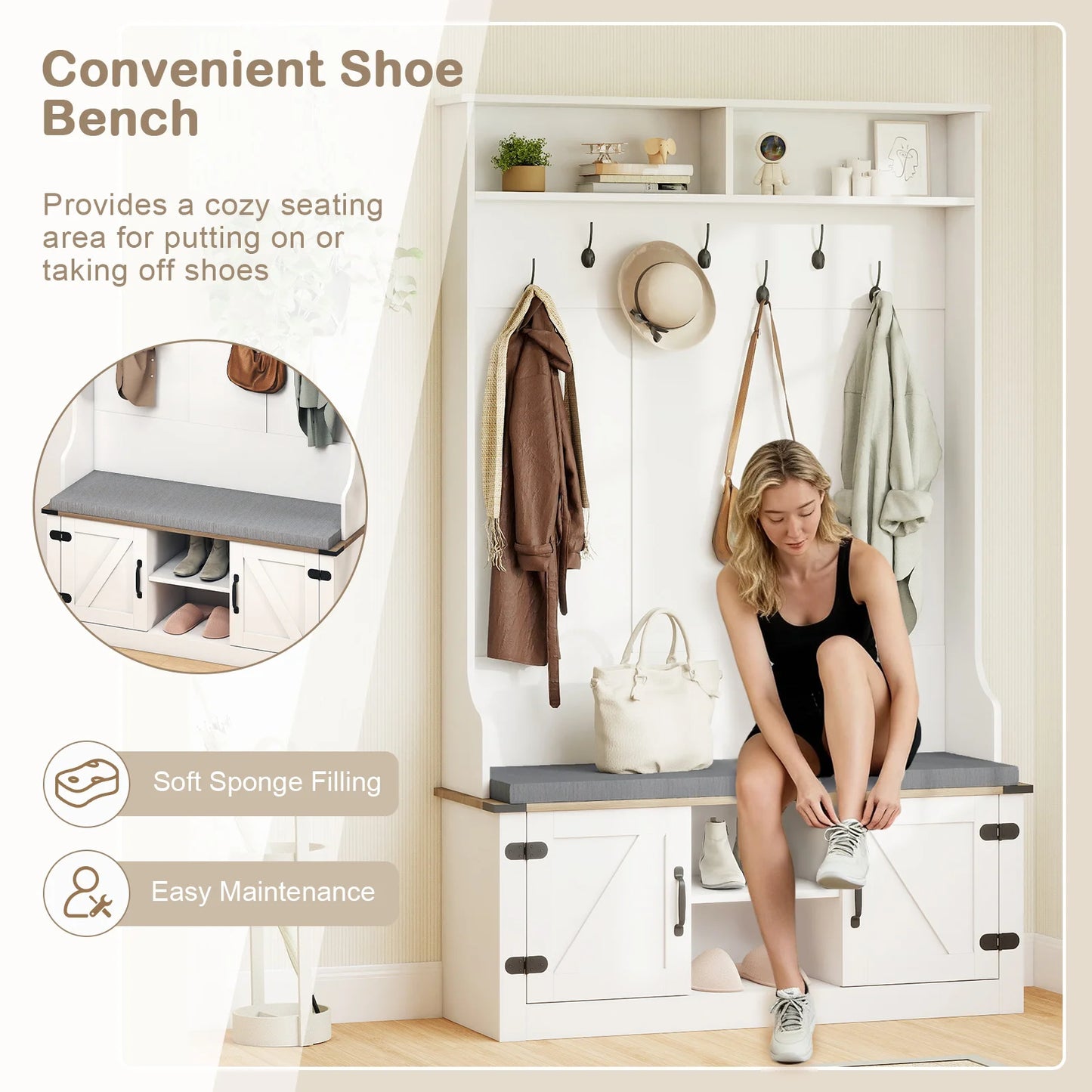 68. 5” 4-in-1 Hall Tree w/ Cushioned Bench Shoe Storage 7 Hooks 2 Cabinets White