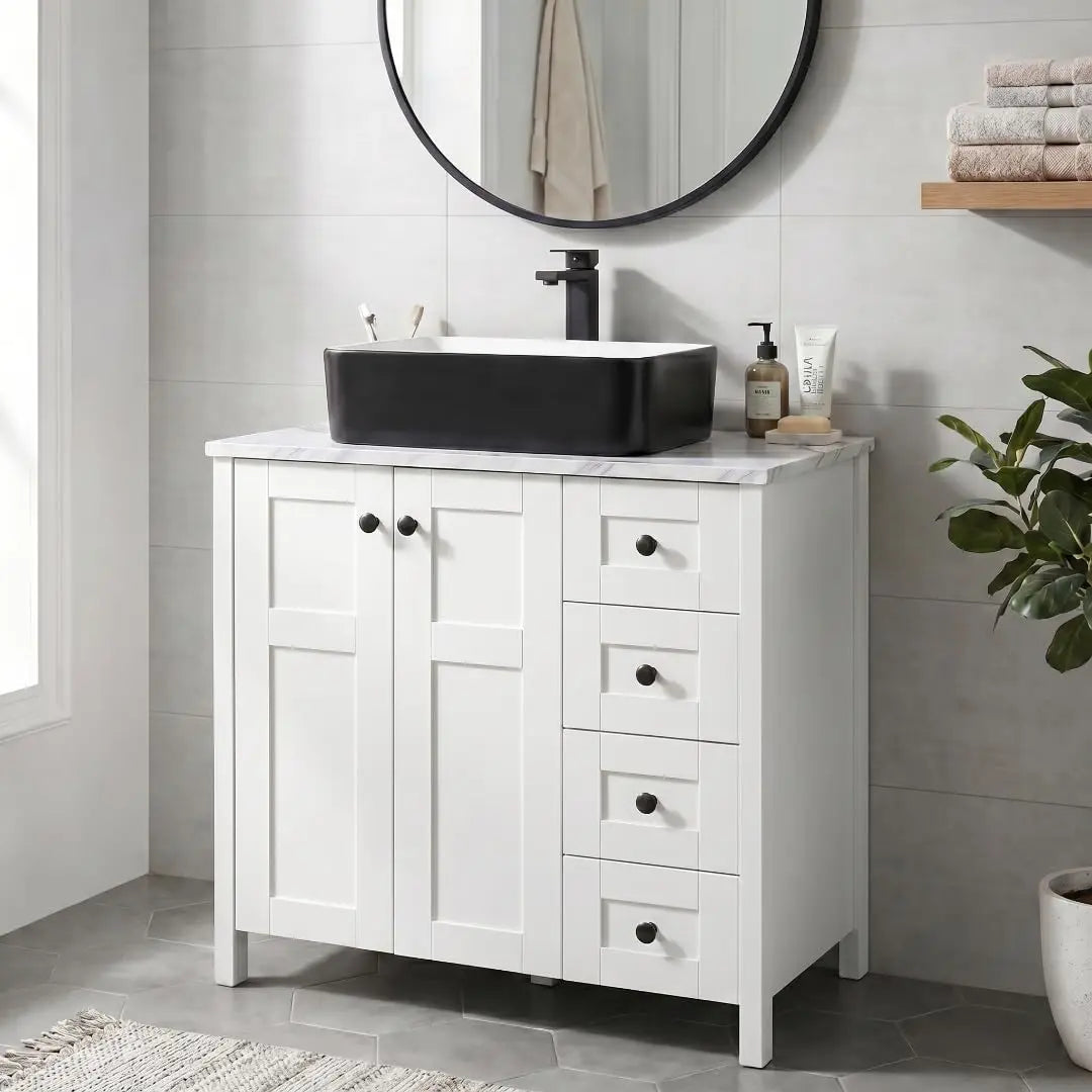 32 Inches White Bathroom Vanity with Marble Texture Top and 4 Drawers, with Marble Boat Ceramic Sink, Custom