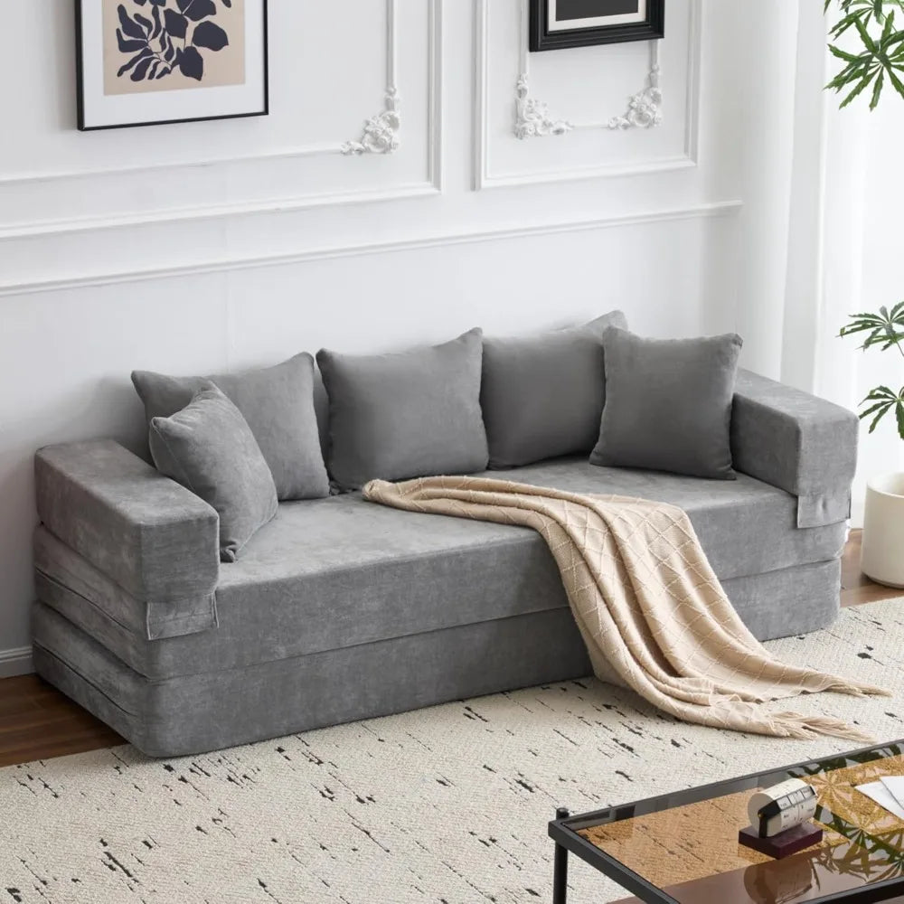Queen Size 4-in-1 Convertible Sofa Bed - Chenille Fold out Sleeper Couch with Armrest And Pillows - Floor Chaise Lounge