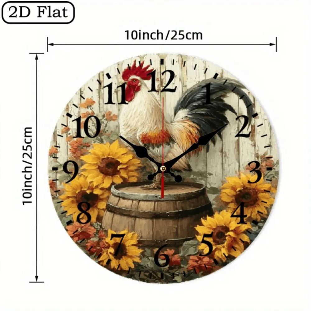10 Inch Vintage Farmhouse Wall Clock with Sunflower & Rooster Design - Rustic Wooden Round Clock Suitable for Living Room, Kitch