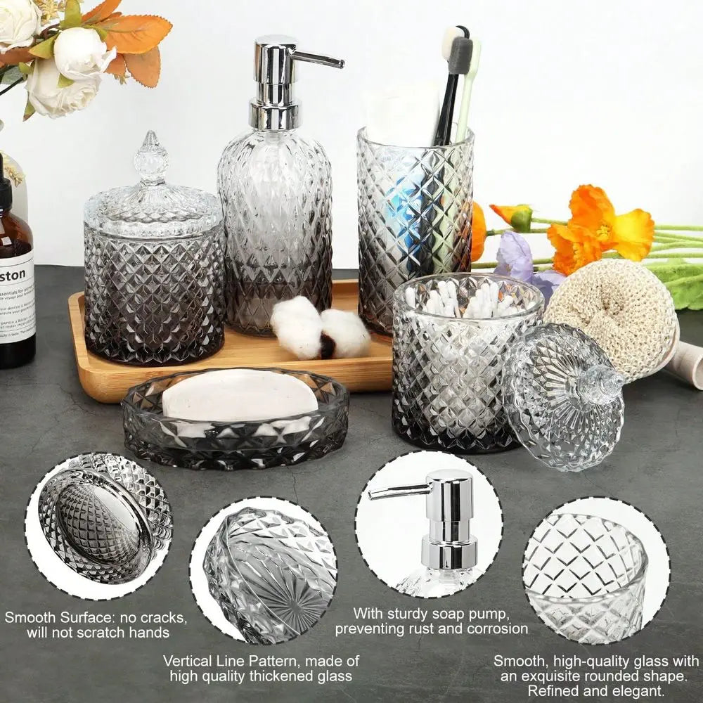 Bathroom Accessory Set 5 Piece Glass Soap Dispenser Dish Toothbrush Holder