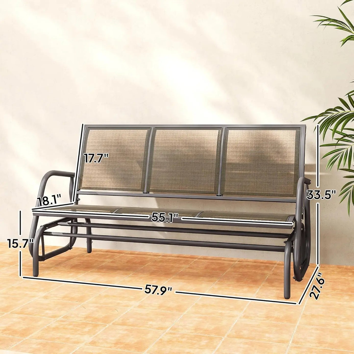 3-Seat Patio Glider Bench Outdoor Swing Breathable Mesh Metal Frame Light Brown Custom