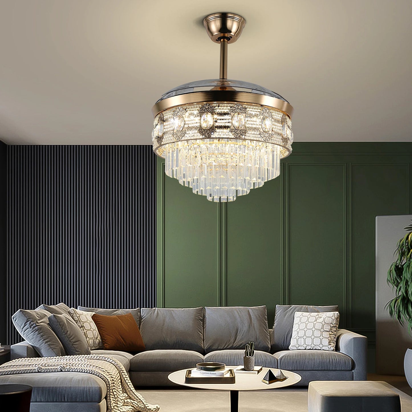 GreeLustr Modern Smart Ceiling Fan Chandelier Gold RC Adjustable 6 Speed Pendant Light Luminaire Bedroom 3 Heads Led Fandelier