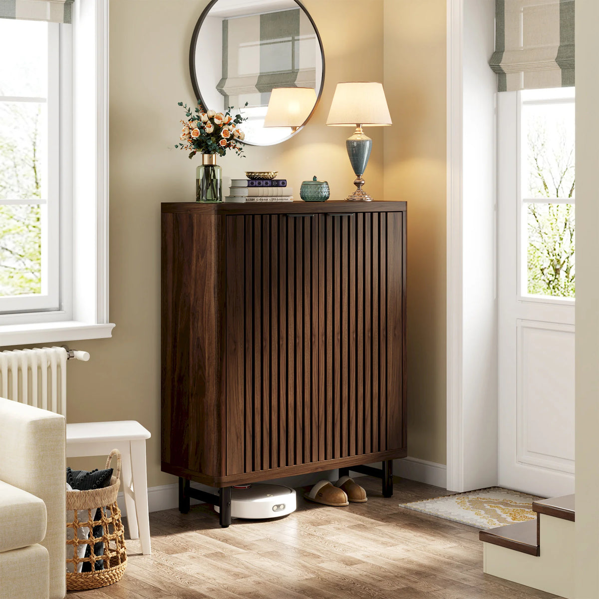 Tribesigns Wooden Shoe Cabinet With Louvered Doors And Adjustable Shelves