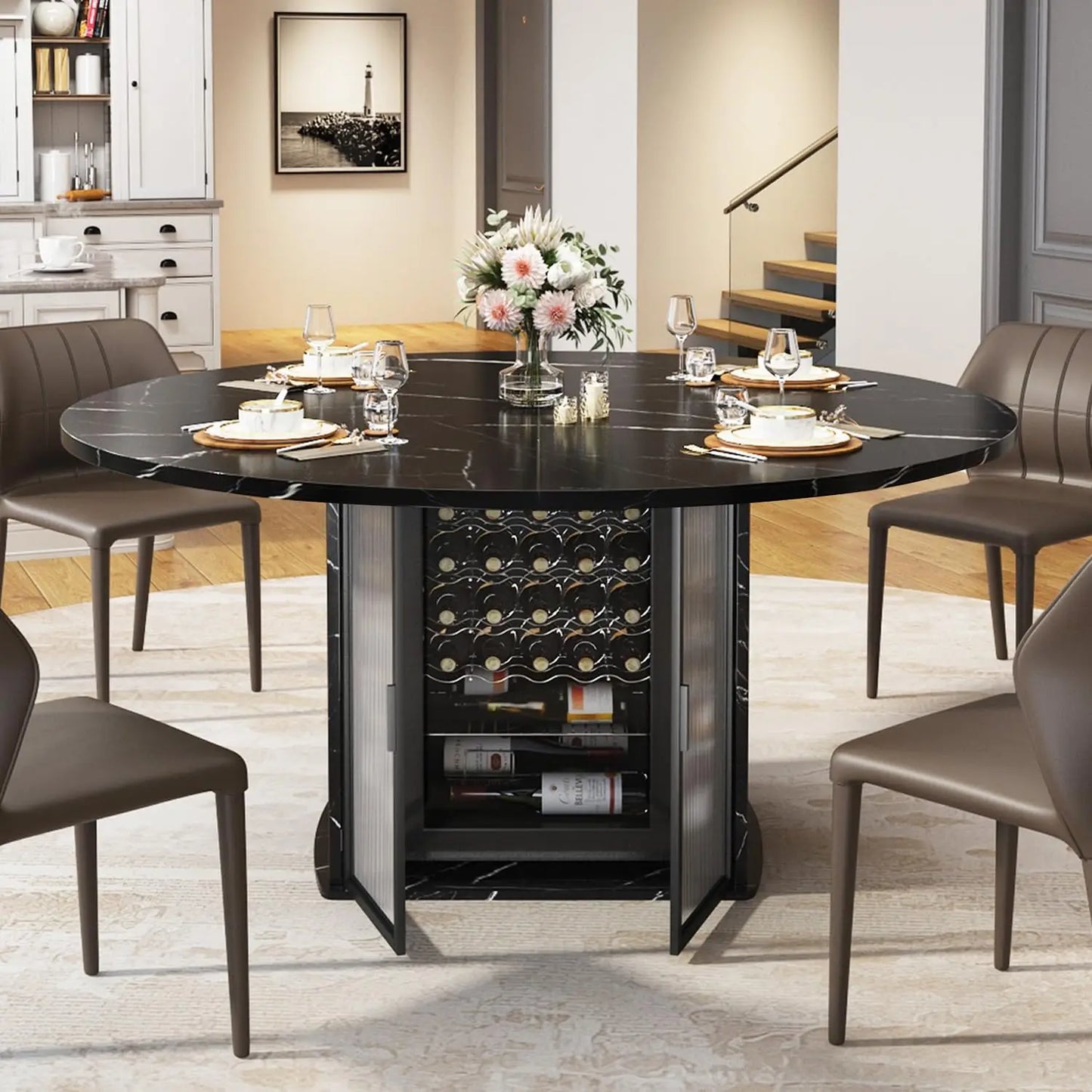 MOYU Round Dining Table With Storage Modern Wood Kitchen Table