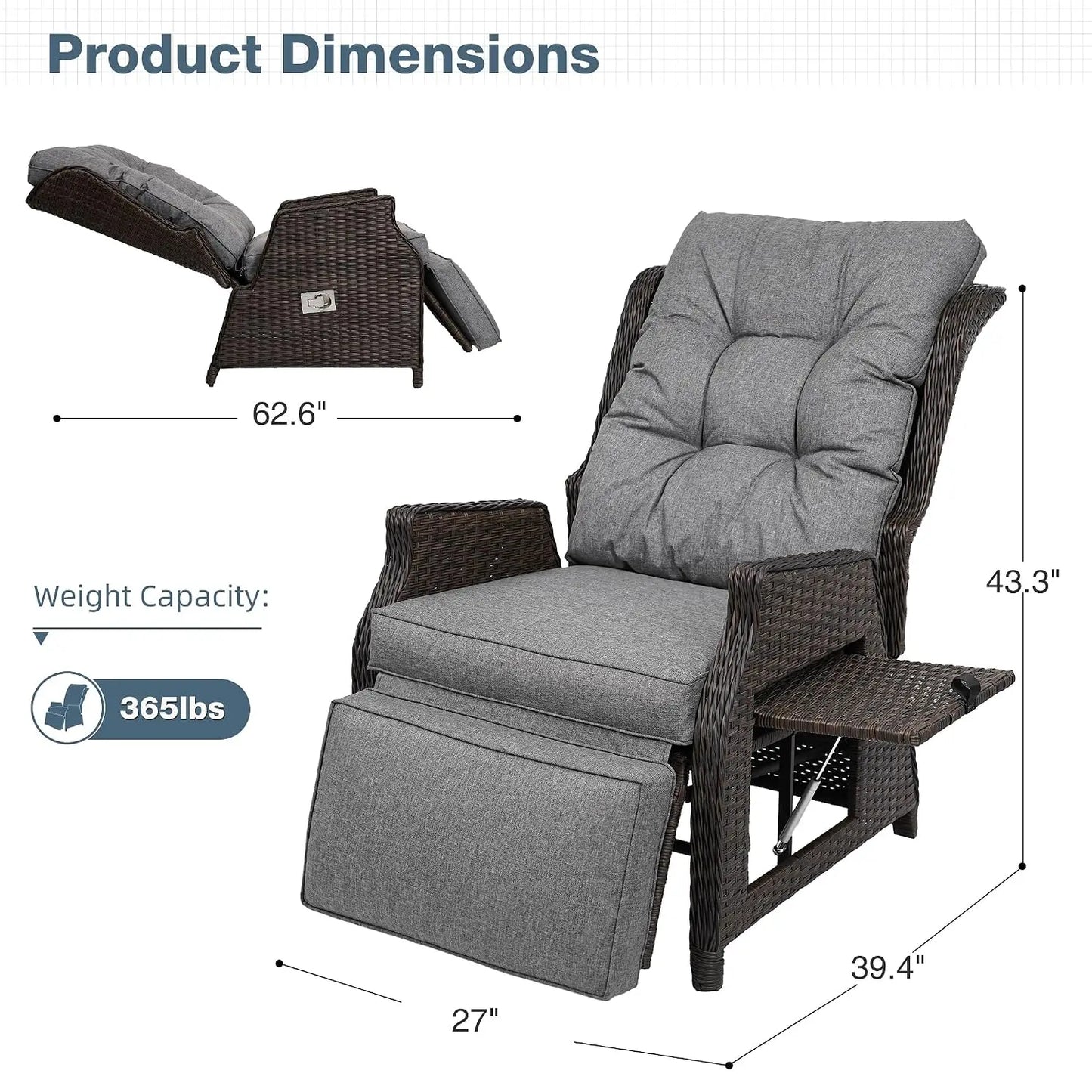 Outdoor Indoor Wicker Recliner with Adjustable Back and Footrest, Patio Reclining Chair with Flip-up Table, Outdoor, Custom