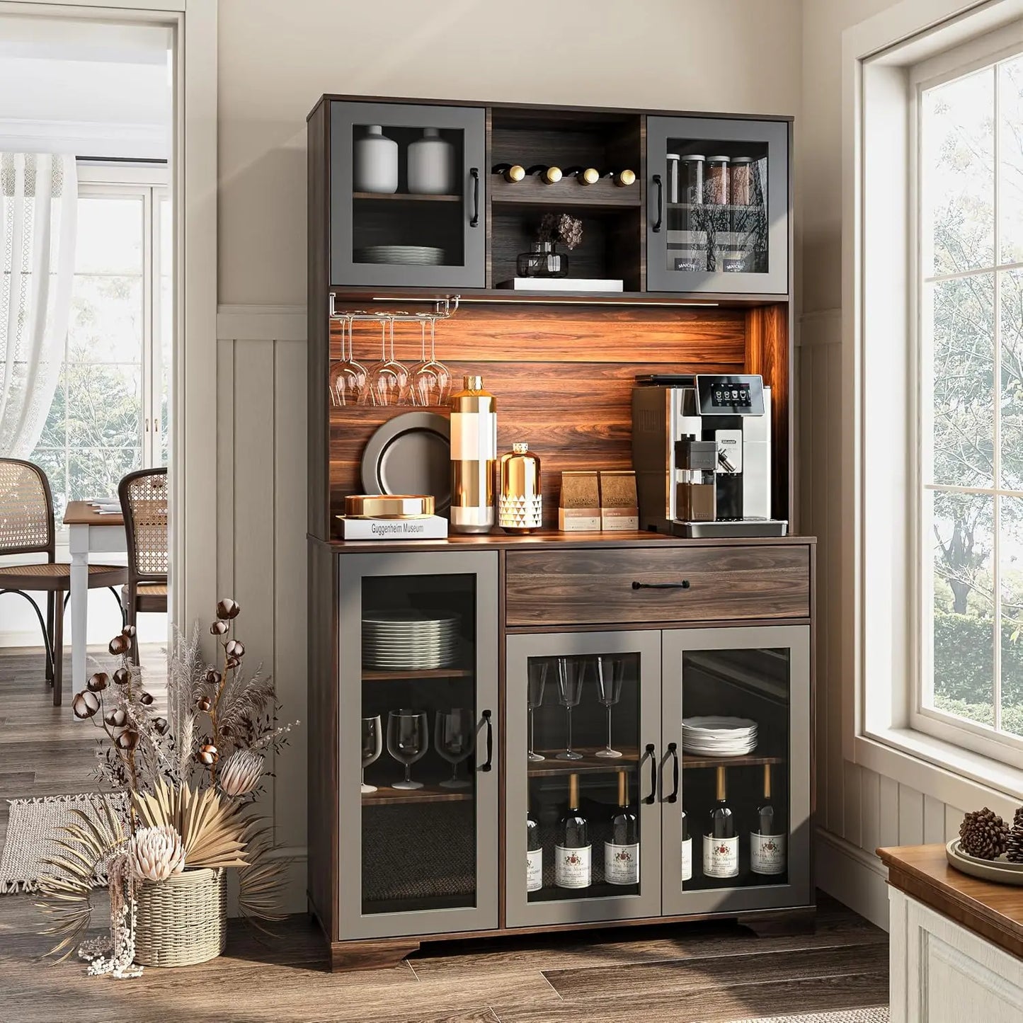 71" Tall Pantry Cabinet with Glass Doors, Kitchen Hutch Storage Cabinet, Coffee Bar & Liquor Cabinet with Charging, Customized