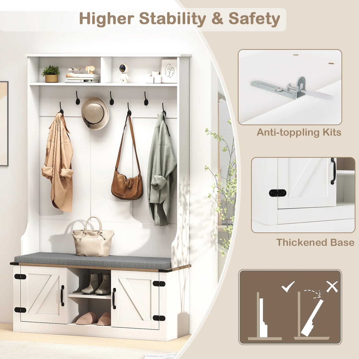 68. 5” 4-in-1 Hall Tree w/ Cushioned Bench Shoe Storage 7 Hooks 2 Cabinets White