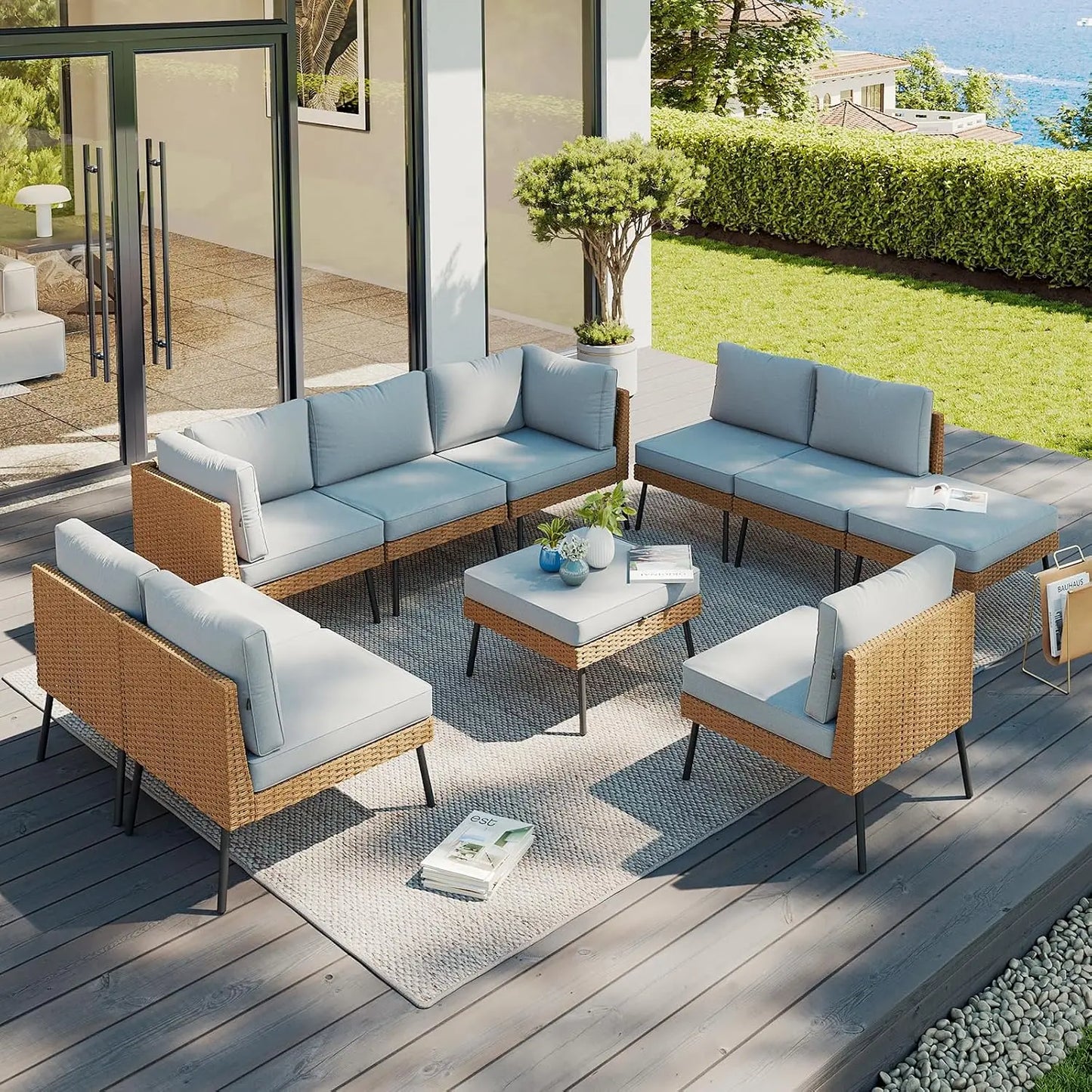 10 Piece Patio Furniture Set, 10 Seats Outdoor Sectional Sofas with Thick Cushion, Wicker Outdoor Patio Furniture Set, Custom