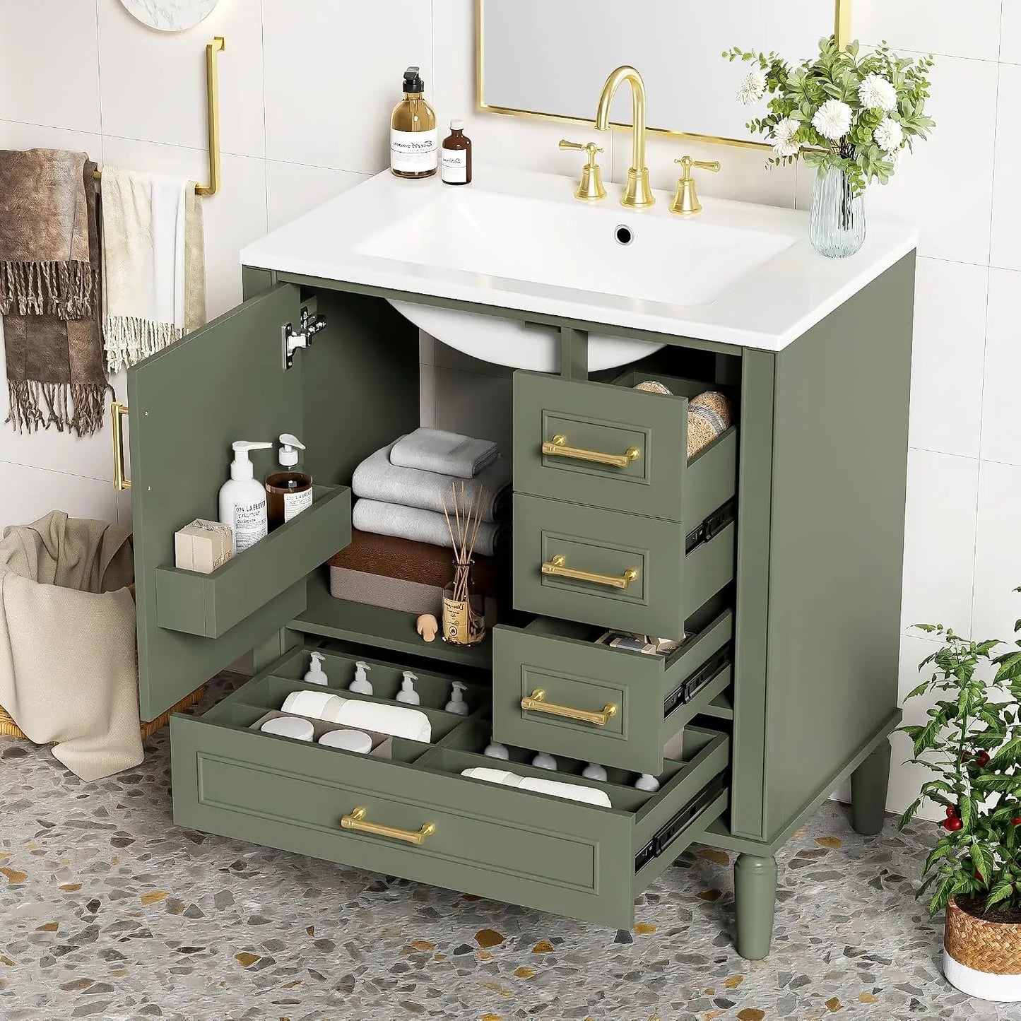 30" Bathroom Vanity with Ceramic Sink, Modern Freestanding Storage Cabinet with Sink Suite Set, Soft Closing Door,, Custom