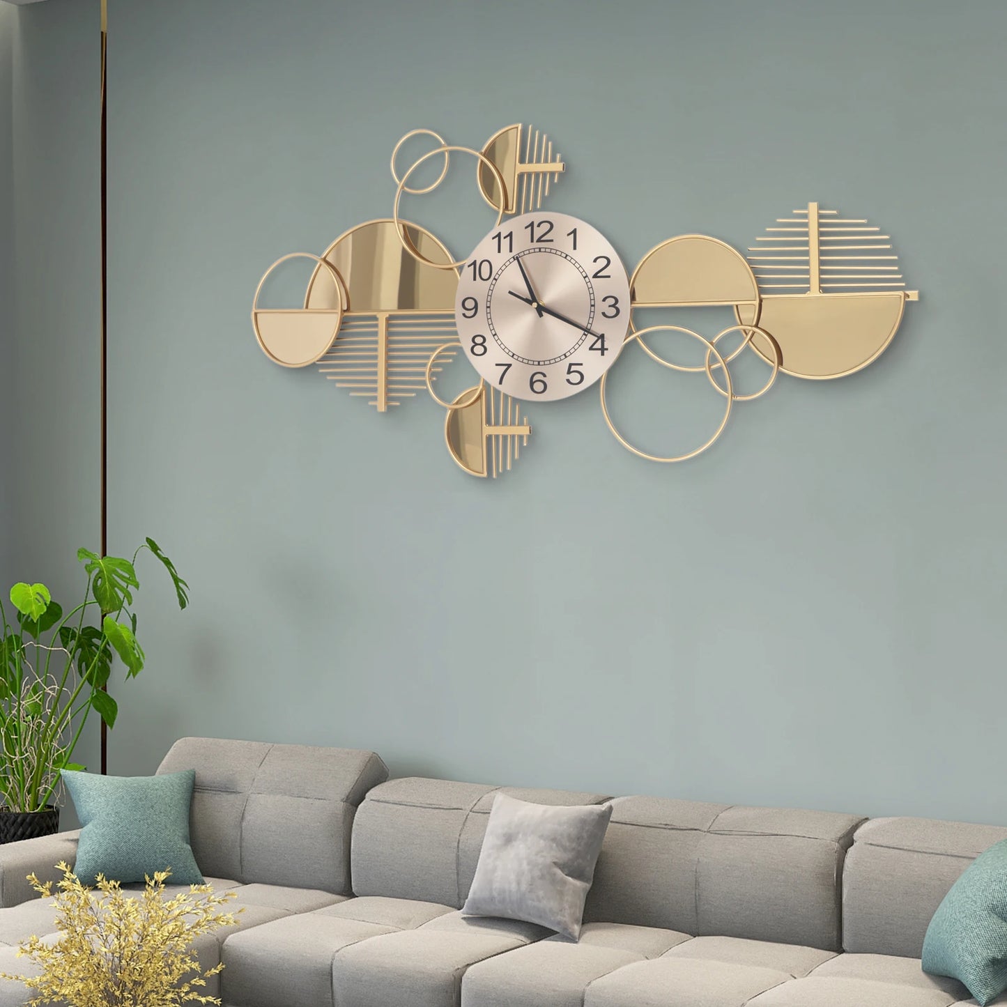 Geometric Wall Clock, 86x43cm Gold Iron Forged Timepiece, Silent Quartz Movement Clear Arabic Numerals Multi-position Hanging Slots Indoor Wall Decor For Living Room Office Cafe