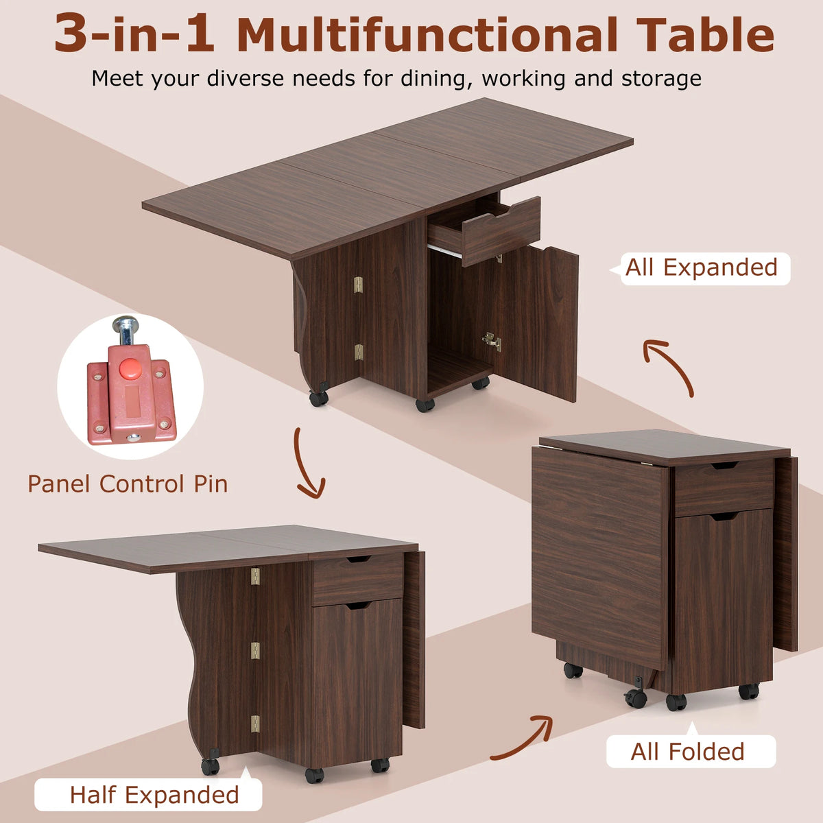 HOMASIS Folding Dining Table With Lockable Wheels Drawers And Cabinets