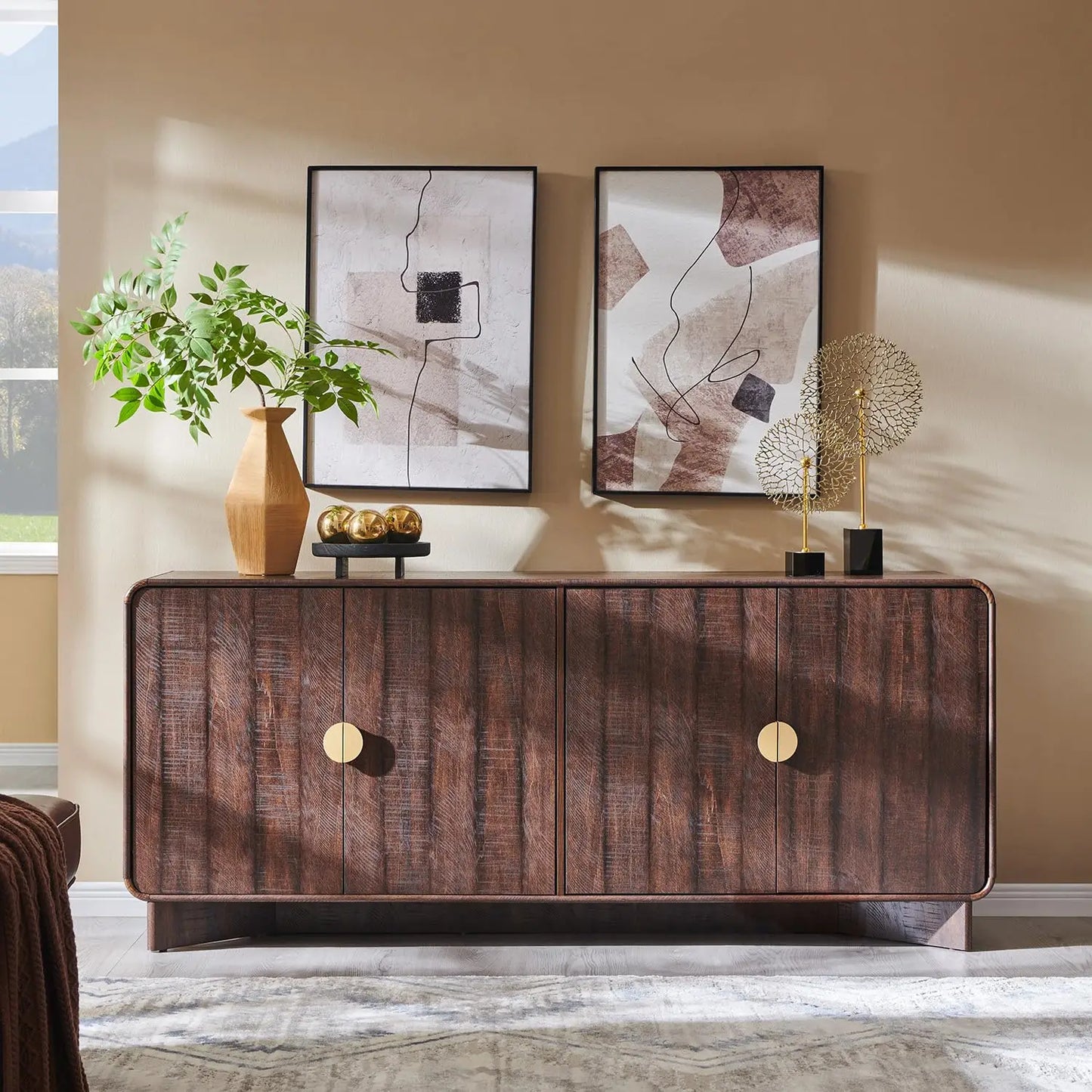 70" TV Stand Up to 80" TV, Storage & Adjustable Shelves Curved Console Living Room Brown, Custom