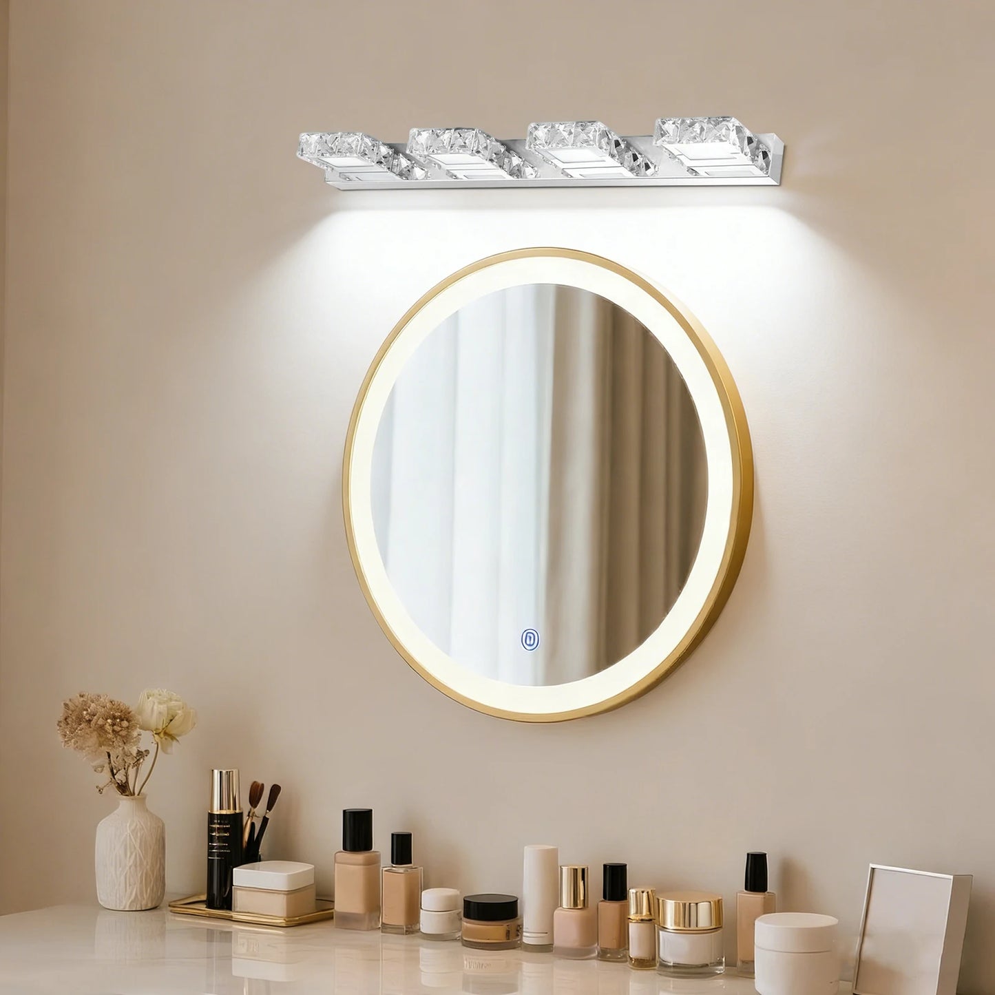 4-Head Crystal Mirror Light Modern Bathroom Makeup Light Long Waterproof Wall Lamp LED Wall Fixtures Sconce, White