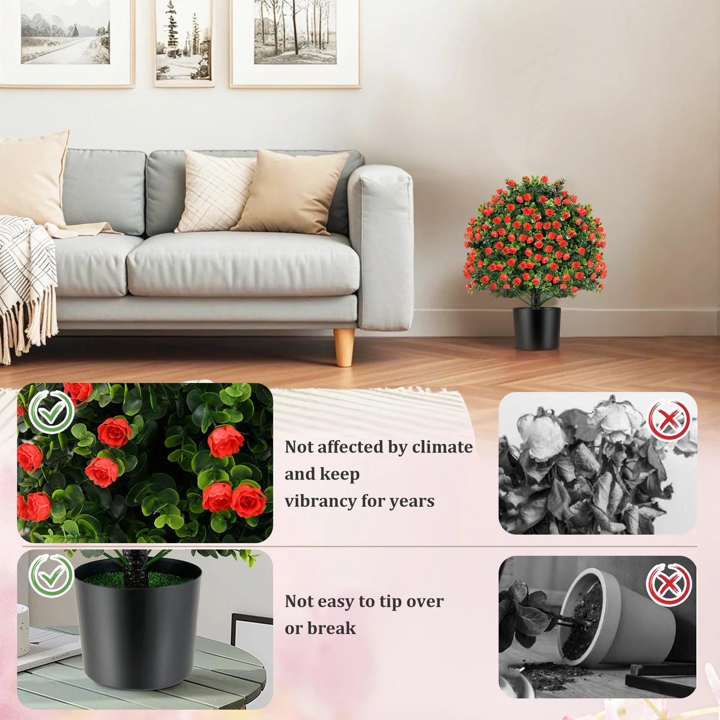 2 Pack Artificial Rose Topiary Ball Tree Faux Shrub Bushes w/ Flowers