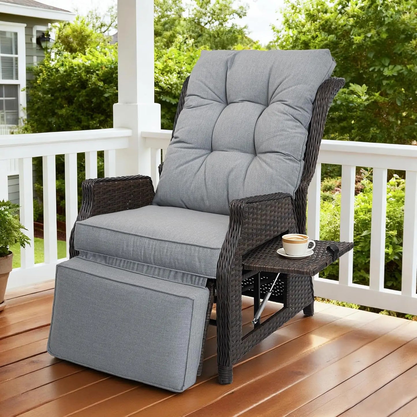 Outdoor Indoor Wicker Recliner with Adjustable Back and Footrest, Patio Reclining Chair with Flip-up Table, Outdoor, Custom