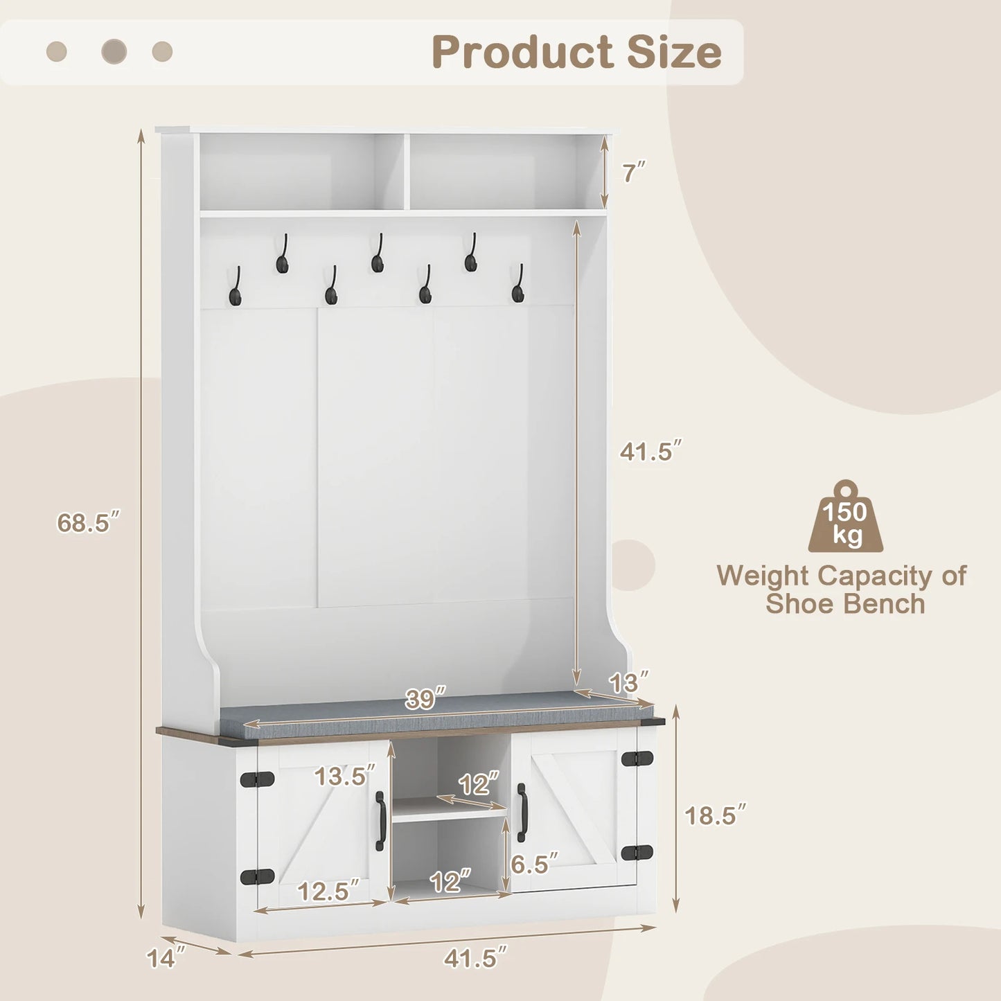 68. 5” 4-in-1 Hall Tree w/ Cushioned Bench Shoe Storage 7 Hooks 2 Cabinets White
