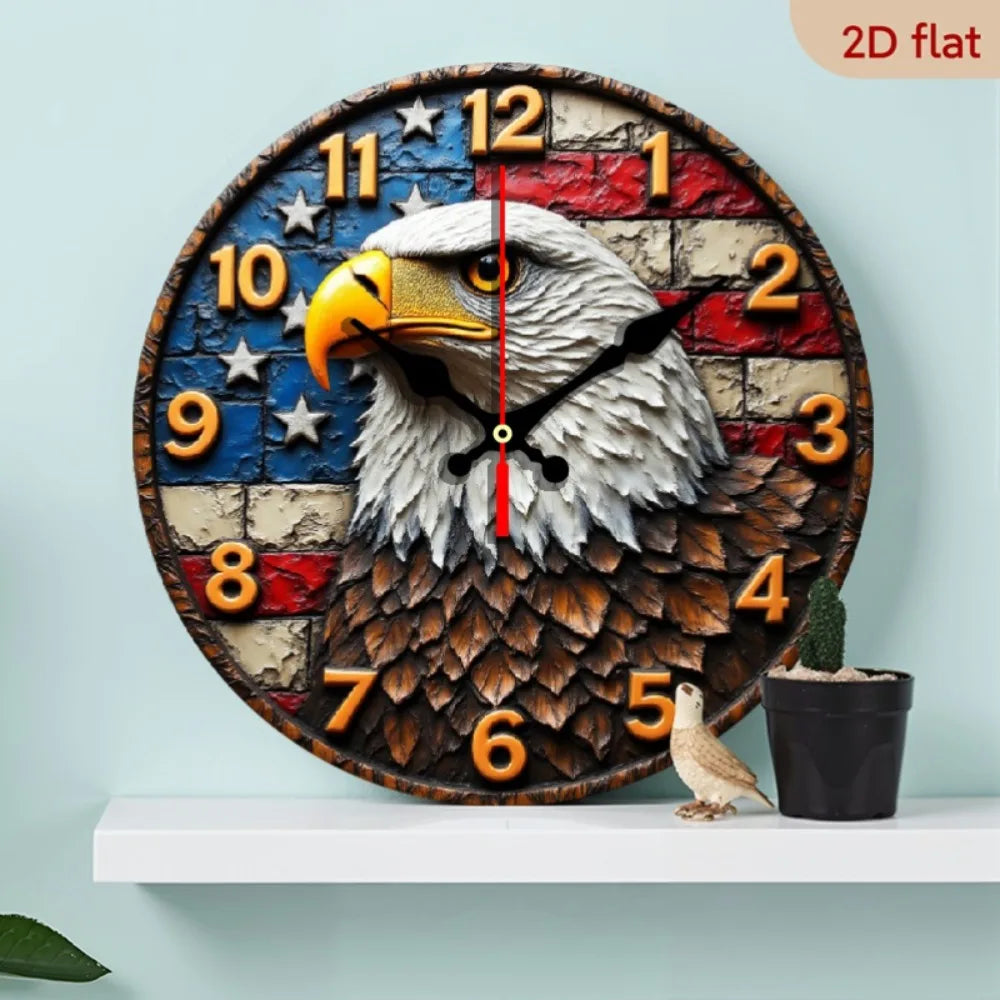 1pc Eagle Silent Round Wall Clock with Flag & Eagle Design - Large Hands, Face & Red/ Star-Spangled Background - Wooden Frame Qu
