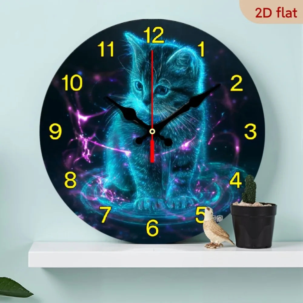 10 Inch Neon Glow-in-the-Dark Cat Wall Clock with Glowing Kitten Face & Neon Numbers - Quiet Sweep Movement, AA Wooden Round Clo