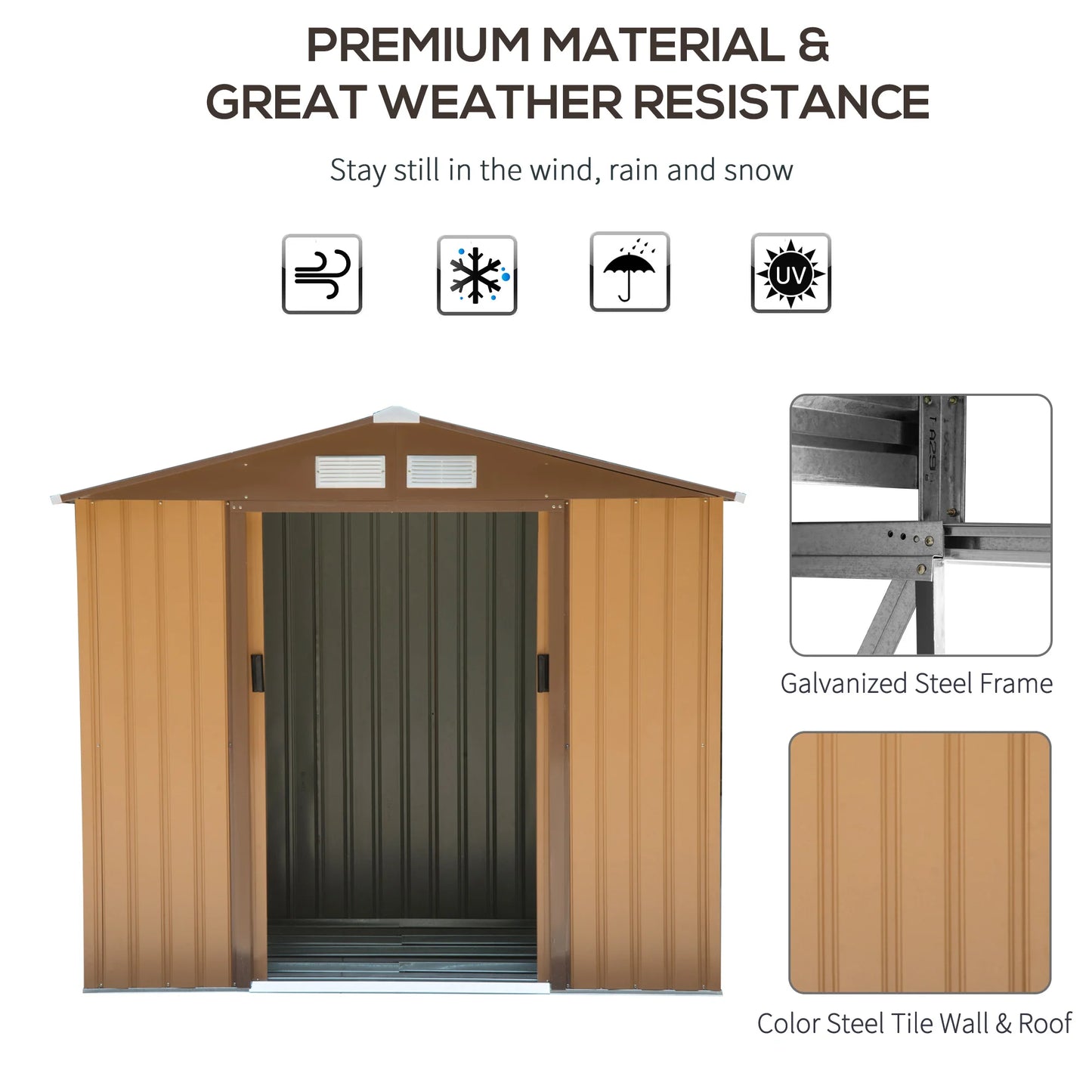 7' X 4' Outdoor Steel Tool Garden Shed Organizer W/ 2 Sliding Doors, Brown