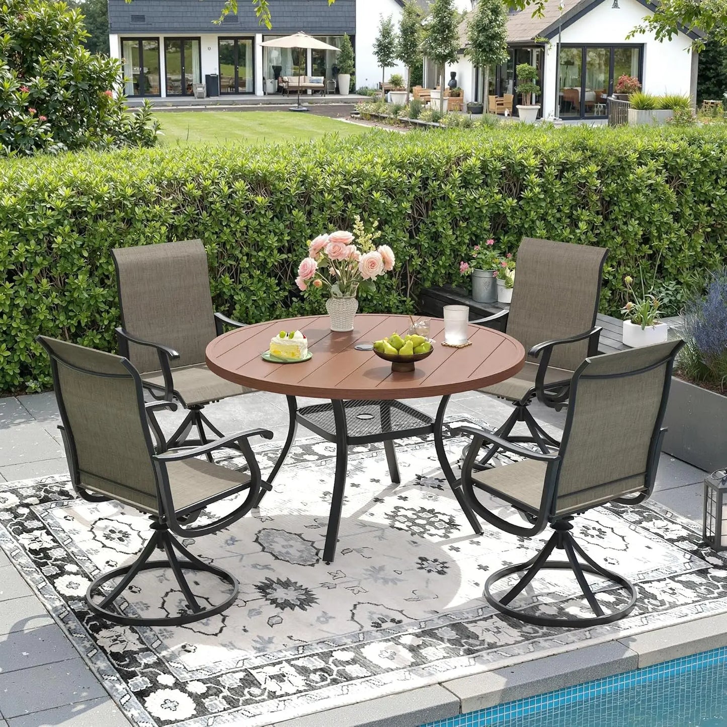 Outdoor Patio Dining Set With Four Textilene Swivel Chairs And Round Table