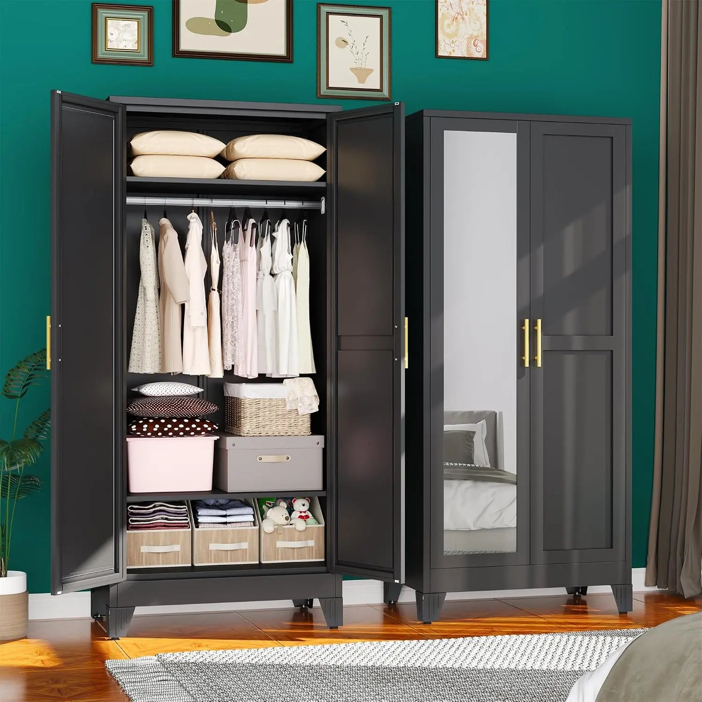 Metal Armoire Wardrobe Closet, 71 "Metal Clothing Storage Cabinet with Adjustable Shelves and Hanging Rod, Household, Custom