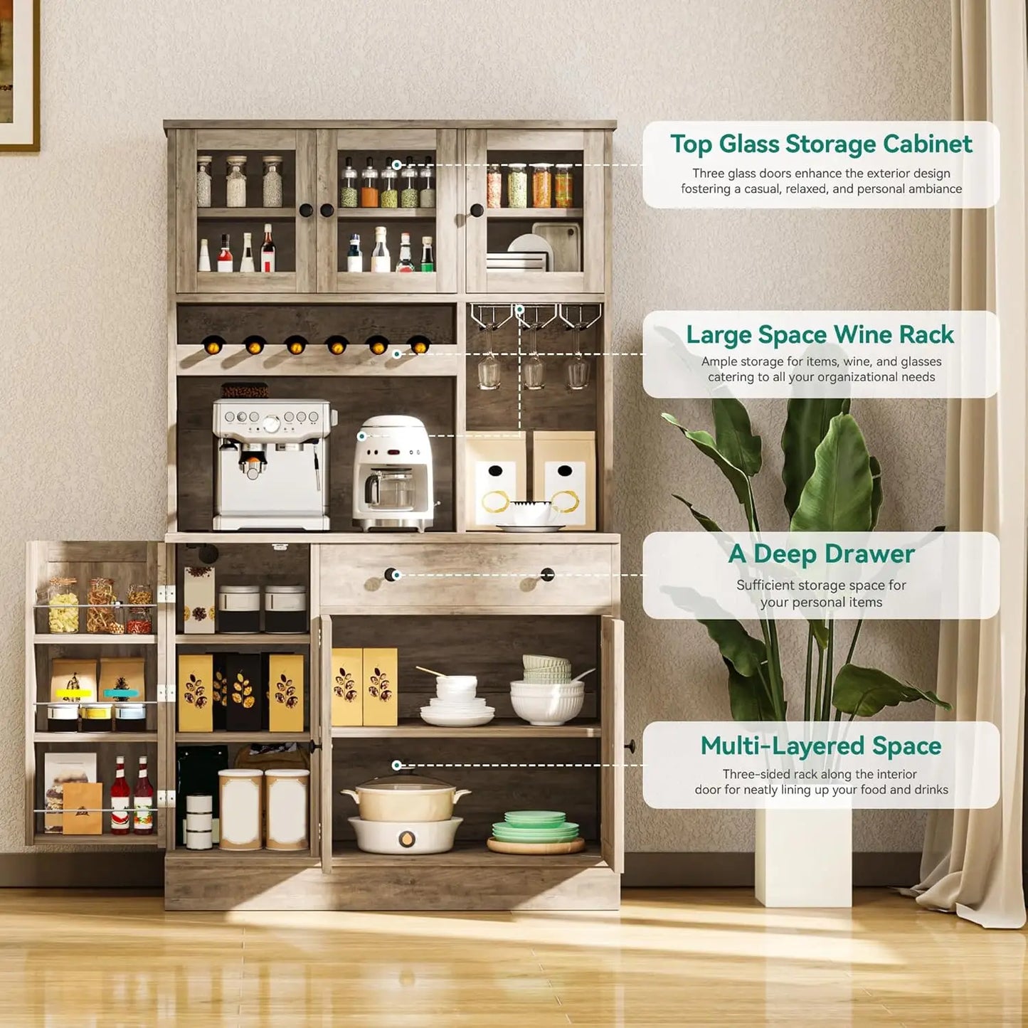 MOYU Kitchen Pantry Cabinet With Wine Rack And Power Outlet