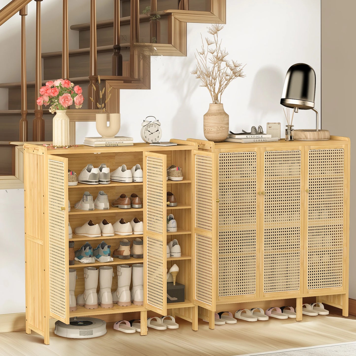 Bamboo Shoe Cabinet Organizer With 3 Doors And 6 Tiers
