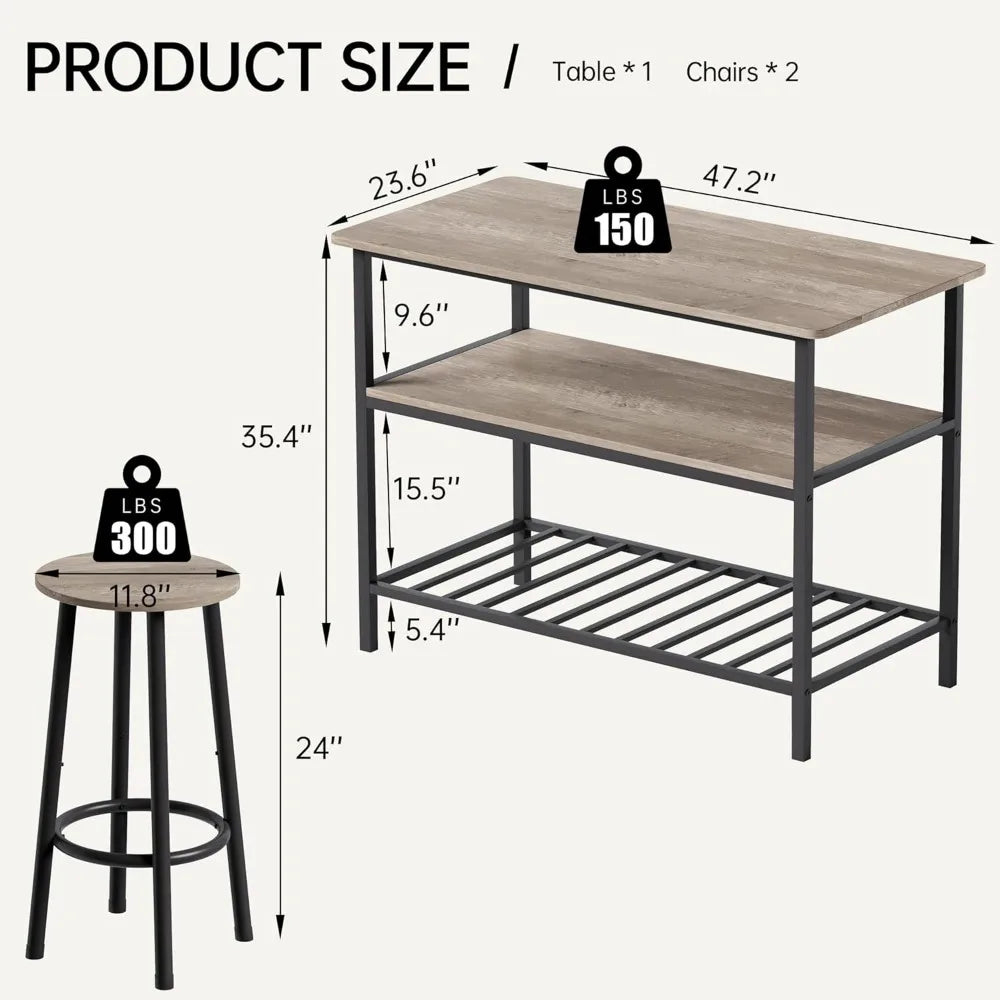 Island Table with Seating and Storage, Stationary Kitchen Storage Islands with 3 Shelves, Wooden Counter Height Table Top w