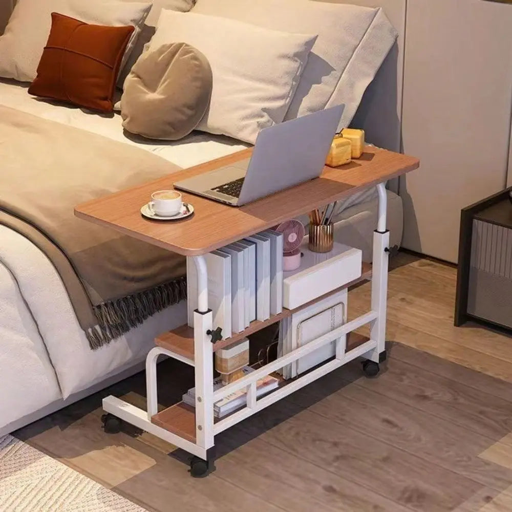 Doublelayer Metal Foldable Desk With Wheels Storage Rack Adjustable Height And Spacious Tabletop Versatile For Studying Working